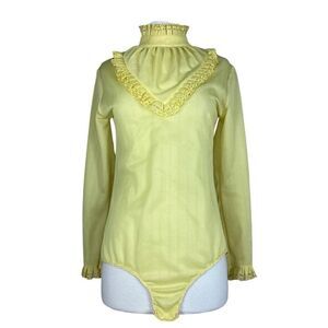 Vintage 60s 70s Edwardian Style Blouse Bodysuit Top Bib Ruffle Size Small Yellow